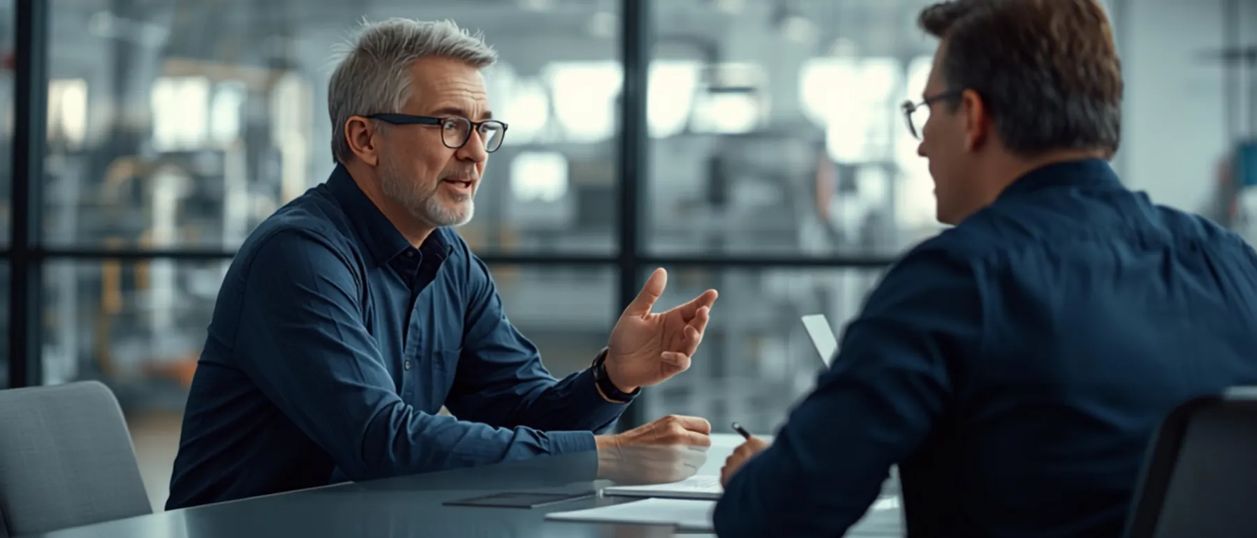 Zwei Männer im Gespräch am Tisch mit Blick in die Produktion