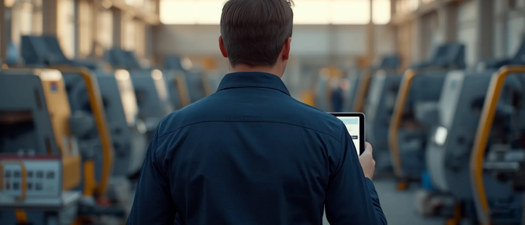 Mitarbeiter mit Tablet vor Maschinen in der Produktion
