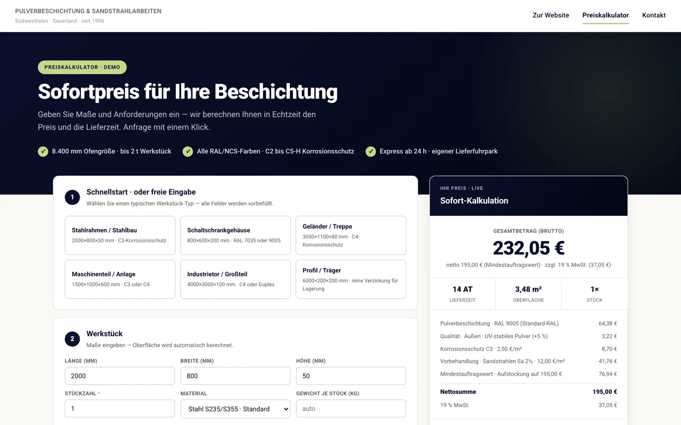 Sofortpreis-Kalkulator für Pulverbeschichtung mit Live-Kalkulation